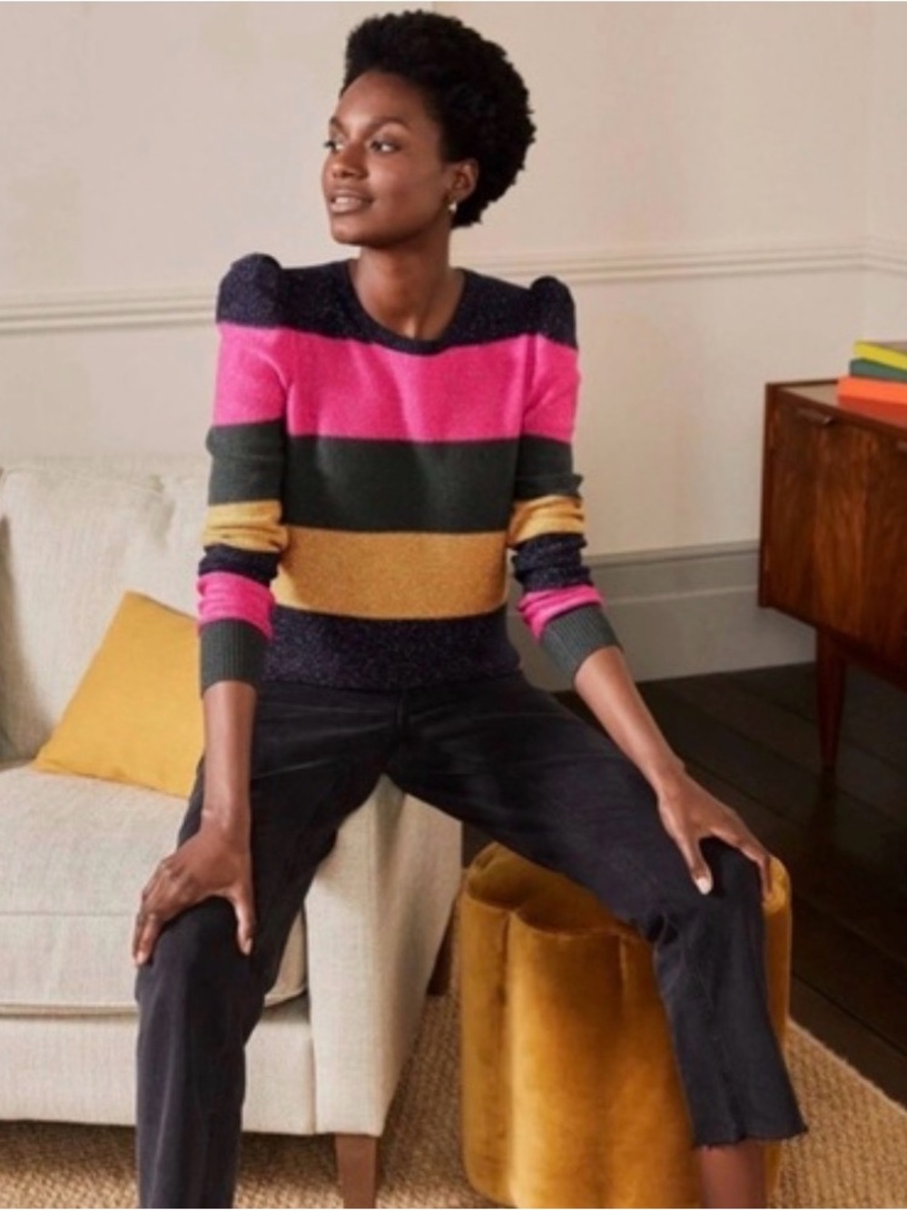 Boden Striped Sparkle Puff-Sleeve Sweater in Pink, Green & Gold